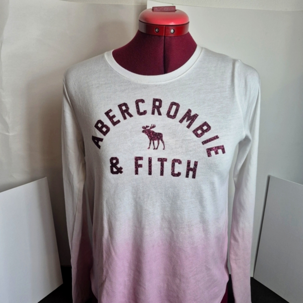 Abercrombie & Fitch White and Pink Glitter Ombre Long Sleeve Tee